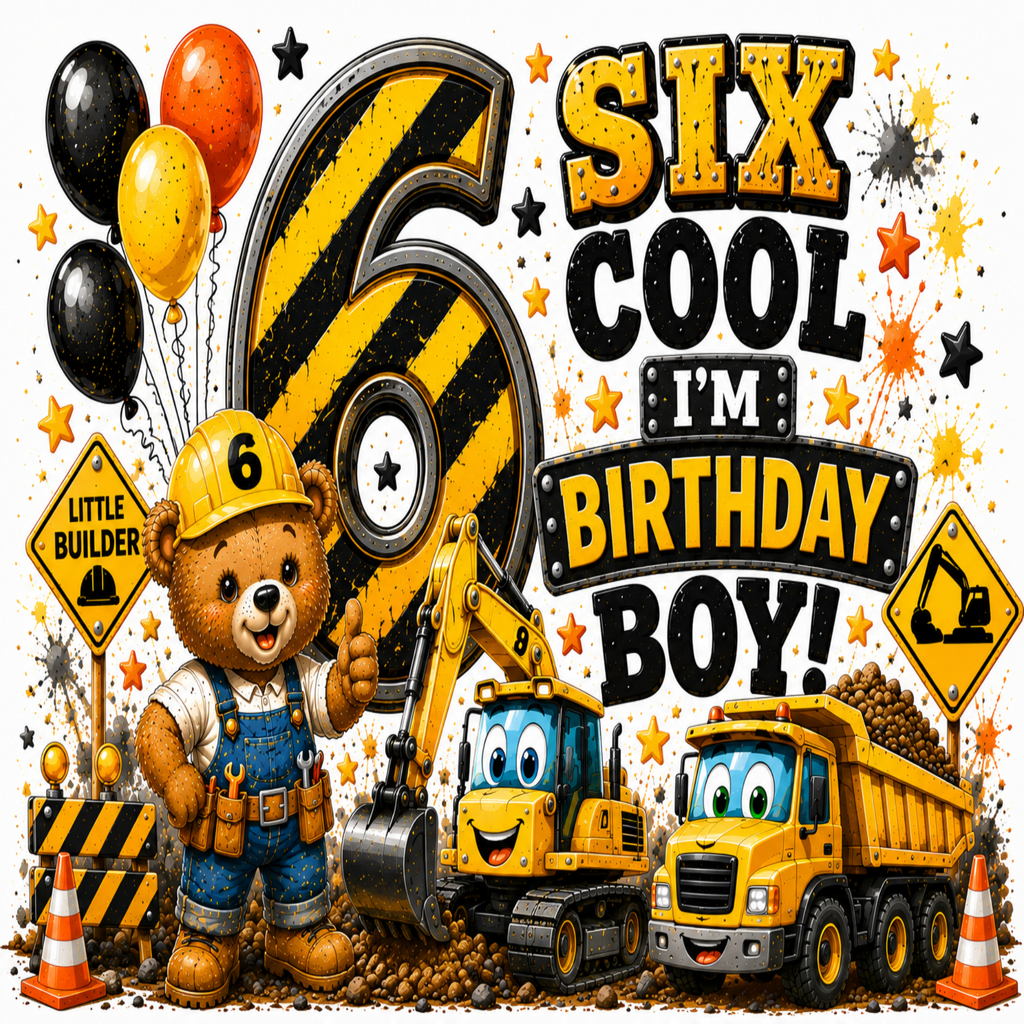 A colorful birthday party graphic for a six-year-old construction-themed boy, featuring a cartoon teddy bear in a yellow hard hat and blue overalls, a large number 6, balloons, construction signs, and toy vehicles including a yellow excavator, bulldozer, and dump truck. Text reads 'SIX COOL I'M BIRTHDAY BOY!'.