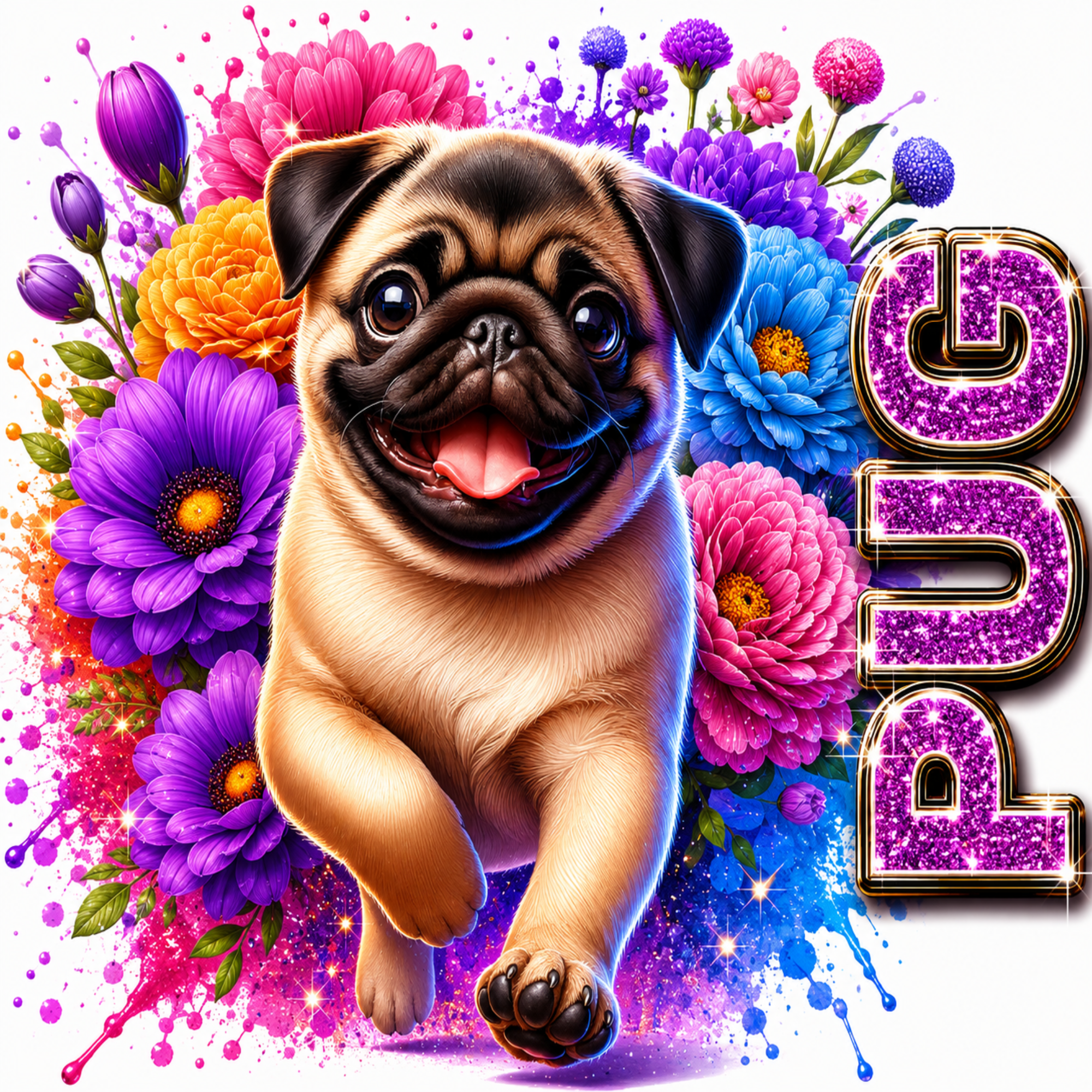 Pug Floral Glitter Sublimation T-Shirt