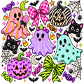 A colorful Halloween-themed graphic design featuring cartoon ghosts, jack-o'-lanterns, black cats, bats, candy corn, stars, moons, bows, and spiderwebs in bright pink, purple, green, blue, orange, and black outlines.