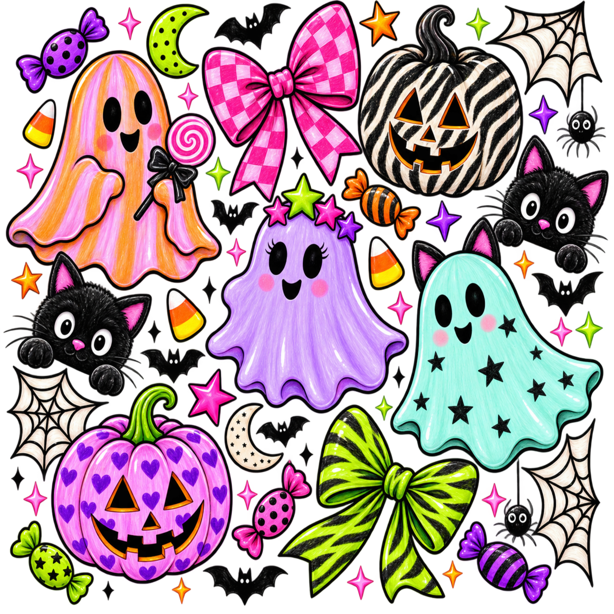 A colorful Halloween-themed graphic design featuring cartoon ghosts, jack-o'-lanterns, black cats, bats, candy corn, stars, moons, bows, and spiderwebs in bright pink, purple, green, blue, orange, and black outlines.