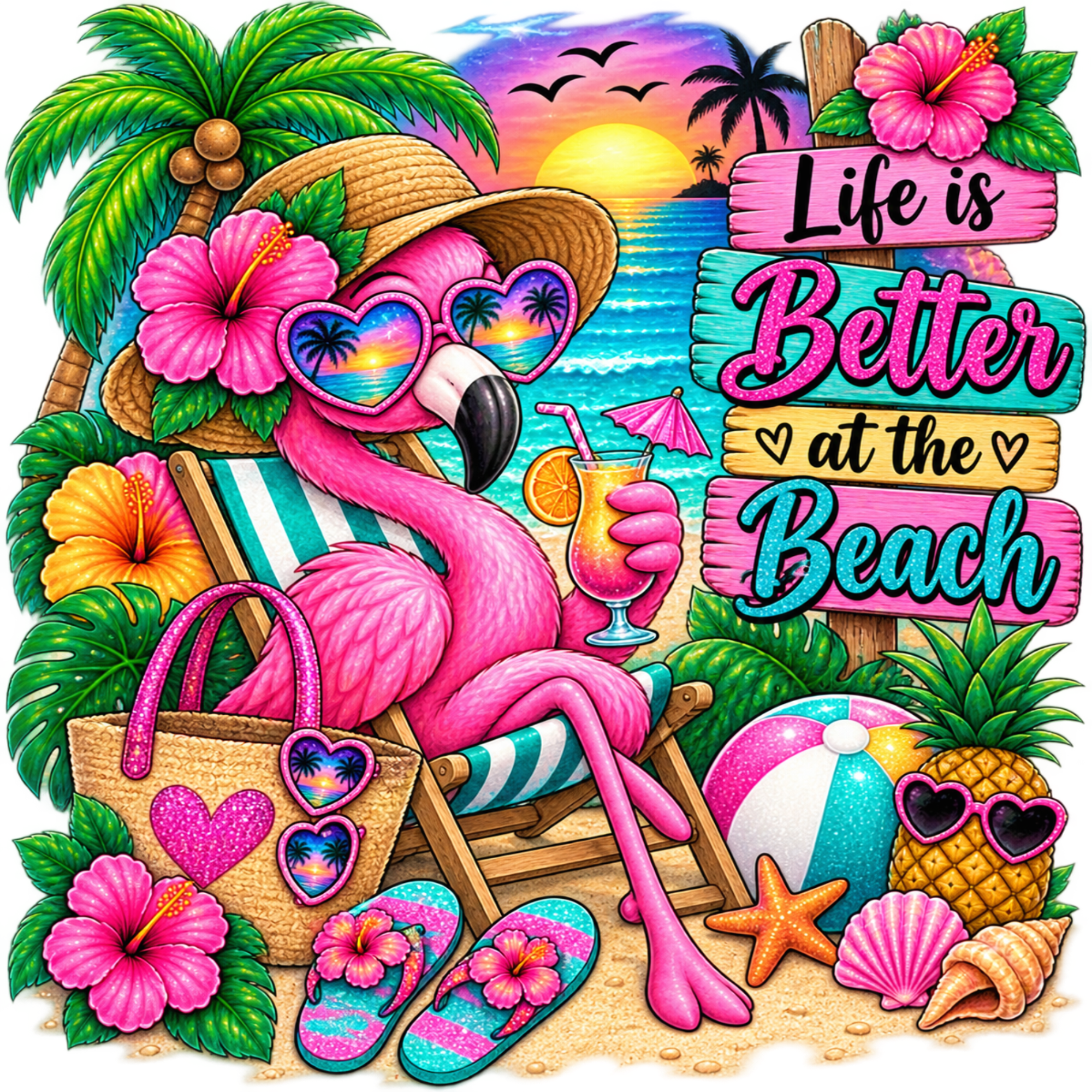 A vibrant tropical beach illustration featuring a pink flamingo lounging in a striped chair, wearing heart-shaped sunglasses, holding a drink, with palm trees, hibiscus flowers, a beach bag, flip-flops, a beach ball, starfish, and a sunset sky. Text on the right reads 'Life is Better at the Beach'.