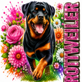 A stylized digital illustration of a Rottweiler dog surrounded by bright pink flowers, green leaves, colorful paint splashes, and glittery vertical text reading 'ROTTWEILER' on a white background.