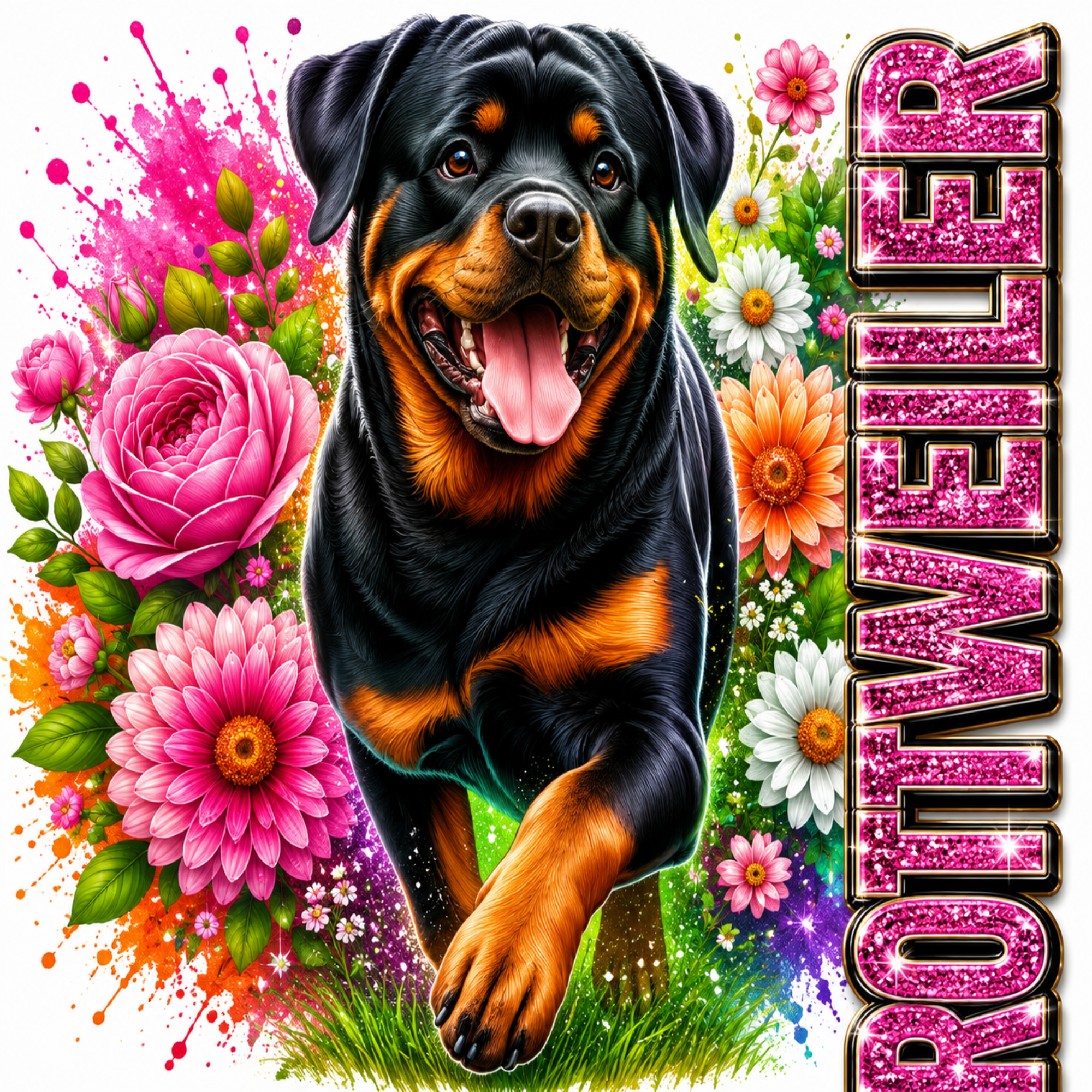A stylized digital illustration of a Rottweiler dog surrounded by bright pink flowers, green leaves, colorful paint splashes, and glittery vertical text reading 'ROTTWEILER' on a white background.