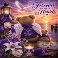 A memorial-themed scene with two teddy bears wearing purple angel wings and scarves, seated by a waterfront at sunset. Purple awareness ribbons, flowers, a lantern, a candle, a cap, and printed remembrance text are arranged around them.