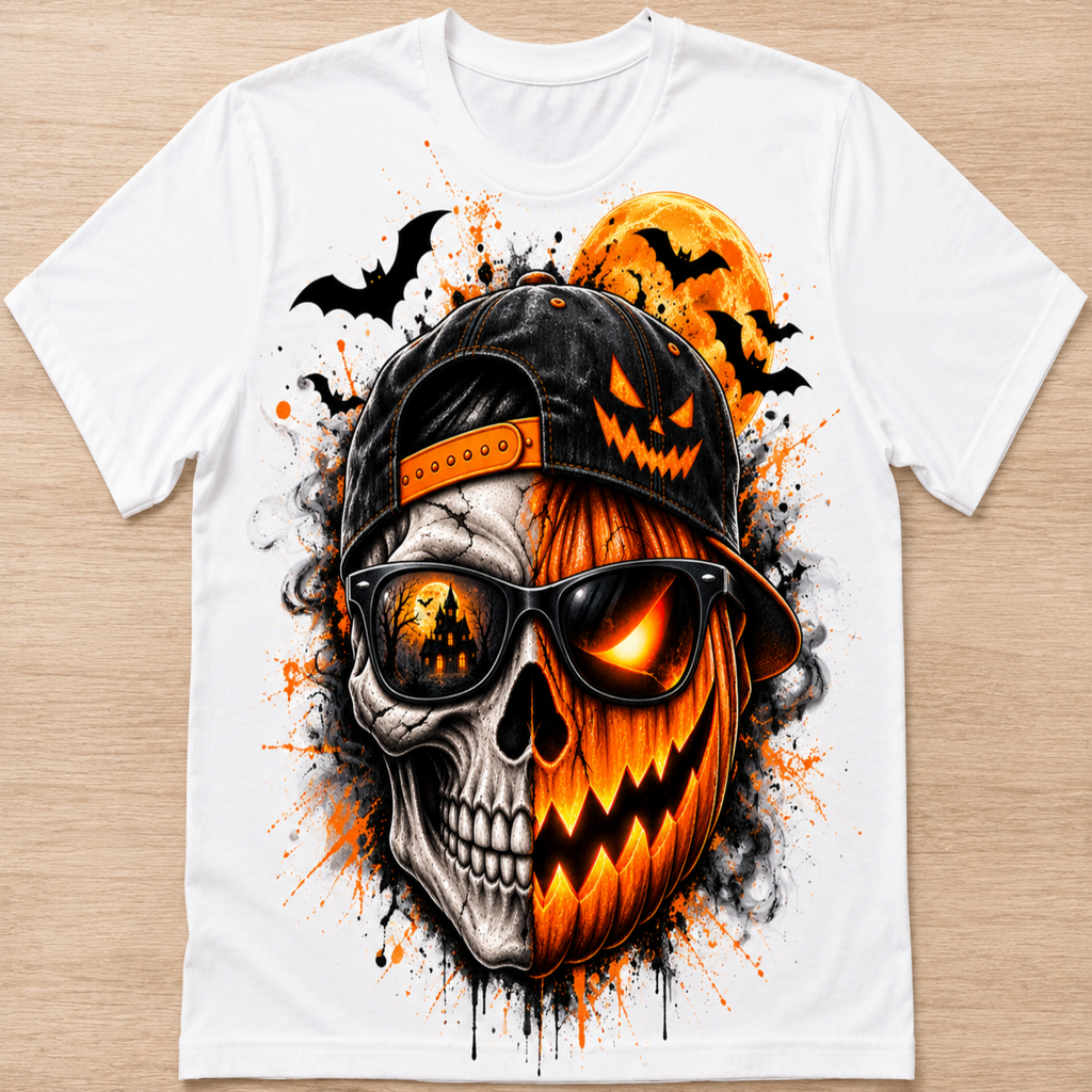 A white short-sleeve crewneck t-shirt laid flat on a light wood background, featuring a large Halloween graphic print of a skull wearing a black baseball cap and sunglasses, with a jack-o'-lantern, bats, and an orange moon.