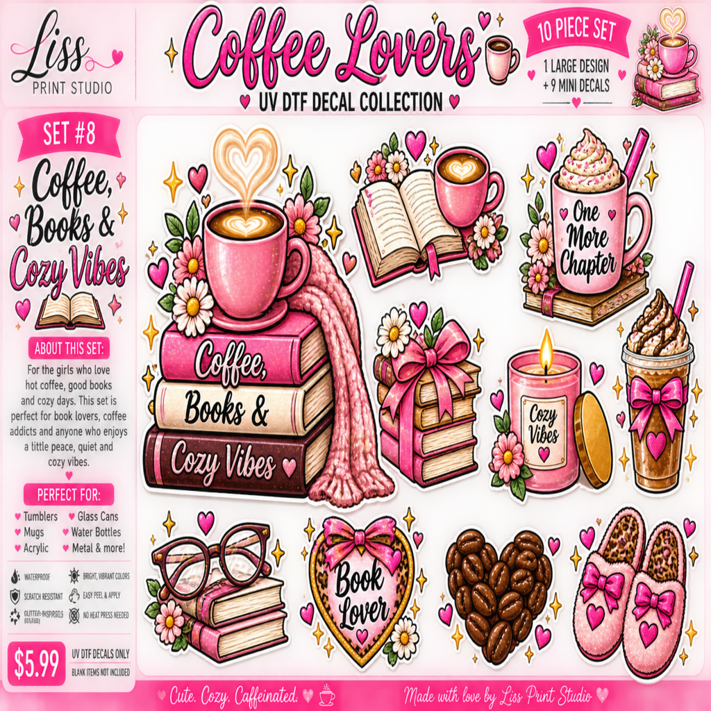 A 10-piece DTF decal collection set themed around 'Coffee Lovers' and 'Cozy Vibes', featuring illustrations of coffee cups, books, hot chocolate, glasses, a candle, a heart-shaped cookie, and bows, presented on a white background with pink and black text.