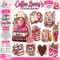 A 10-piece DTF decal collection set themed around 'Coffee Lovers' and 'Cozy Vibes', featuring illustrations of coffee cups, books, hot chocolate, glasses, a candle, a heart-shaped cookie, and bows, presented on a white background with pink and black text.