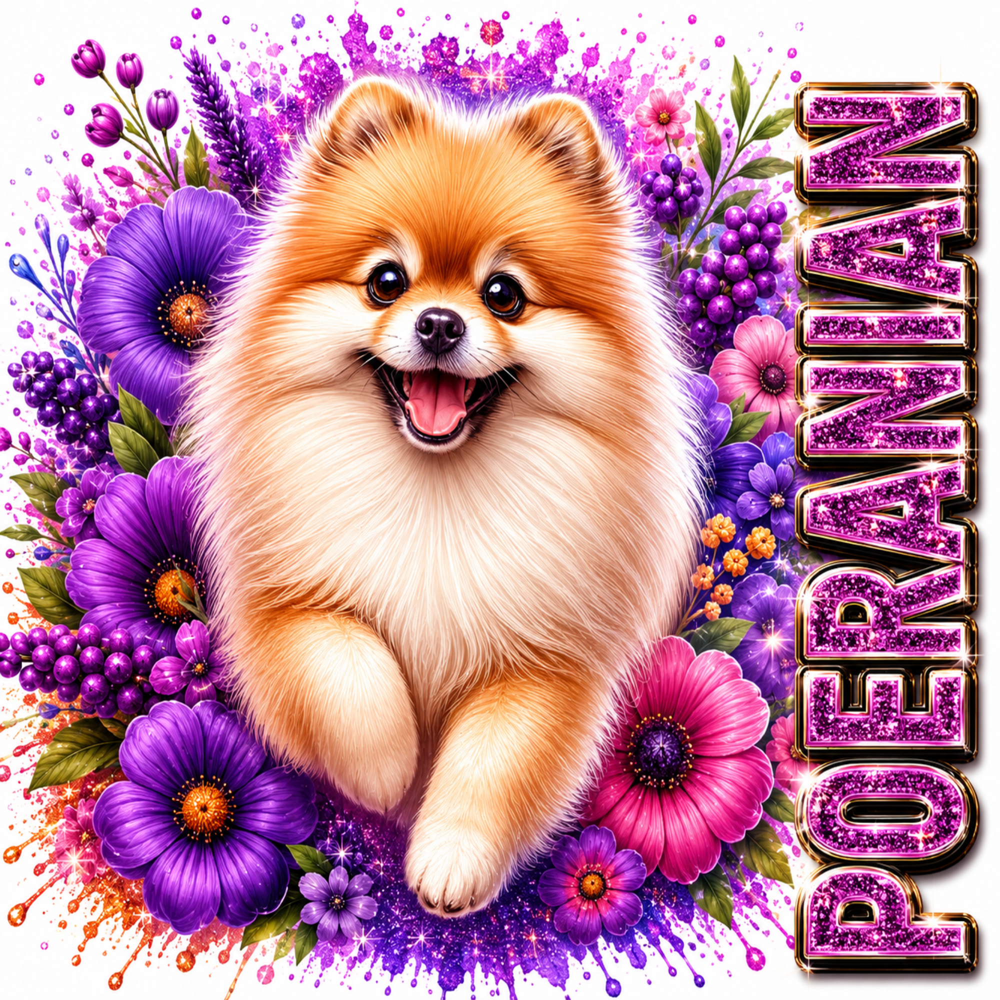 A stylized illustration of a fluffy cream and tan Pomeranian dog centered on a vivid floral background with purple flowers, berries, and paint splashes. The word 'POERANIAN' appears vertically in glittery purple letters along the right side.