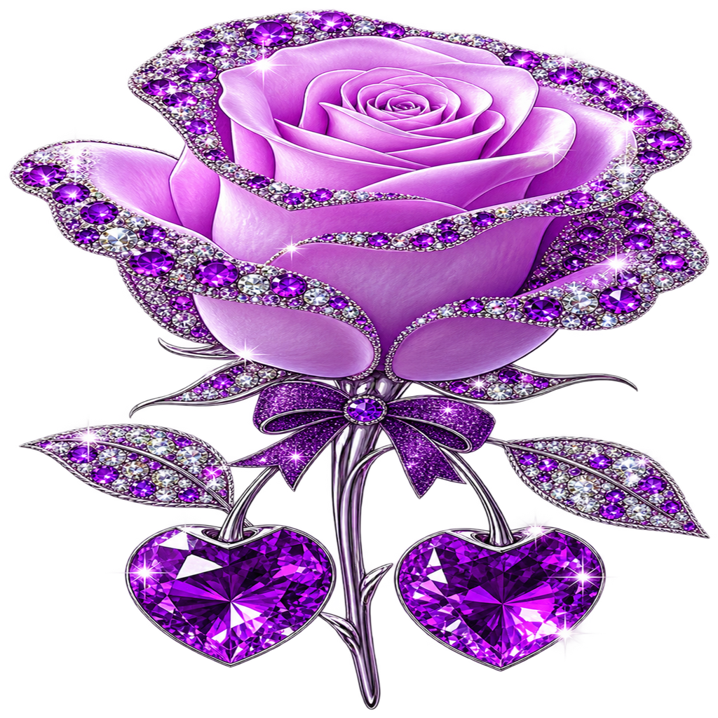 A stylized purple rose brooch or pin with sparkling gemstone-like accents and two large heart-shaped purple gemstones at the stem, shown on a plain white background.