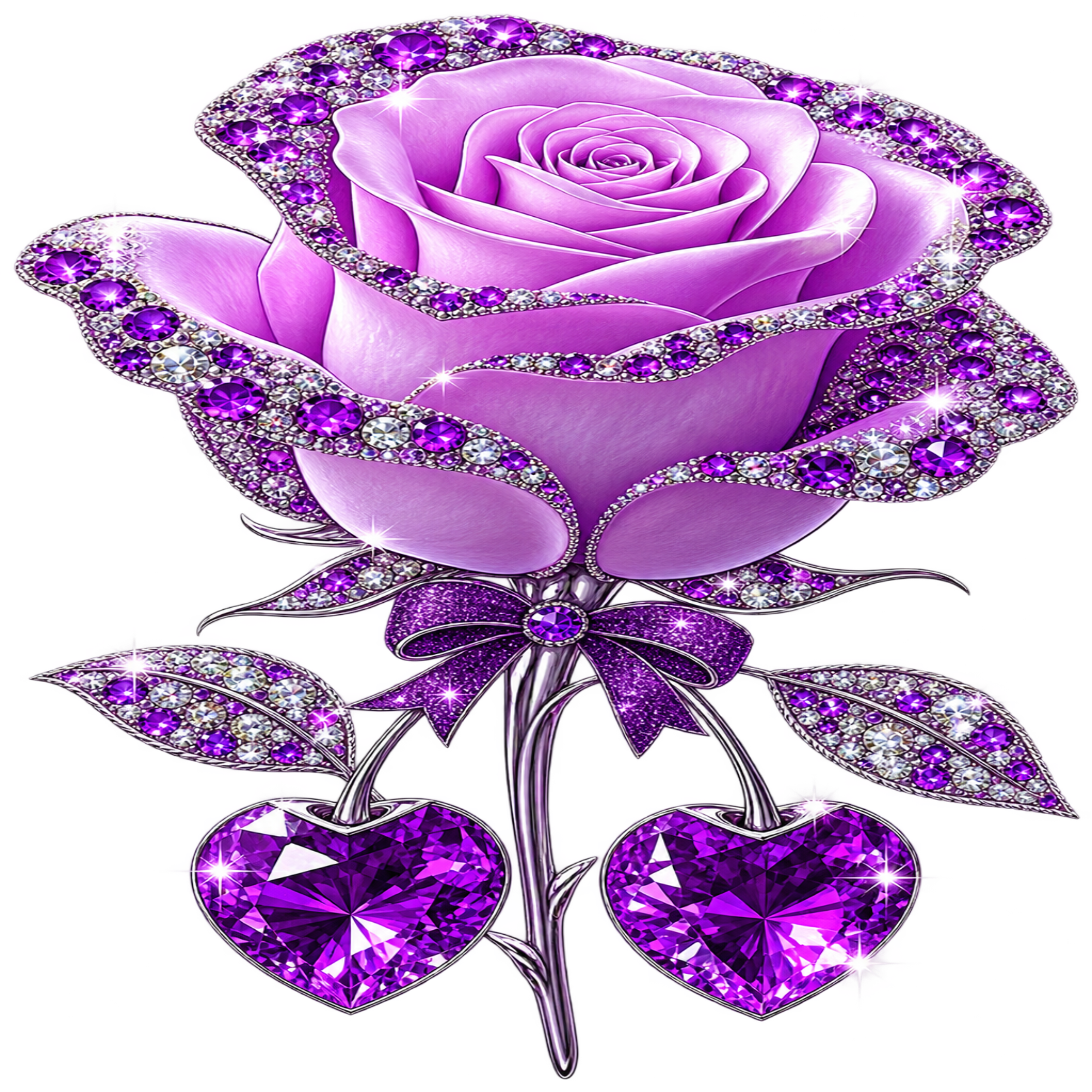 A stylized purple rose brooch or pin with sparkling gemstone-like accents and two large heart-shaped purple gemstones at the stem, shown on a plain white background.