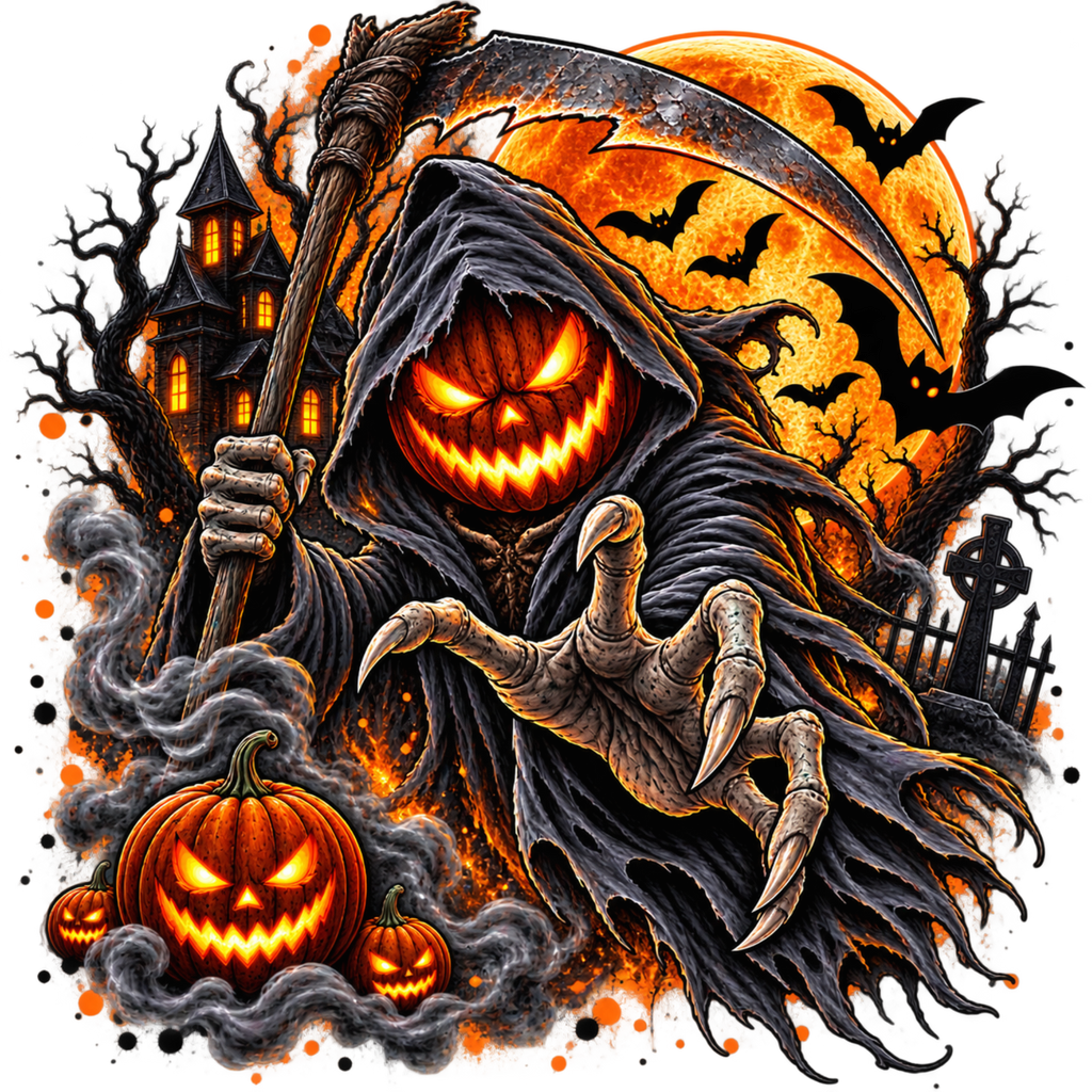 Halloween graphic illustration featuring a hooded grim reaper holding a scythe, with a carved jack-o'-lantern, skeletal hand, haunted house, bats, tombstone, and orange full moon on a black background.