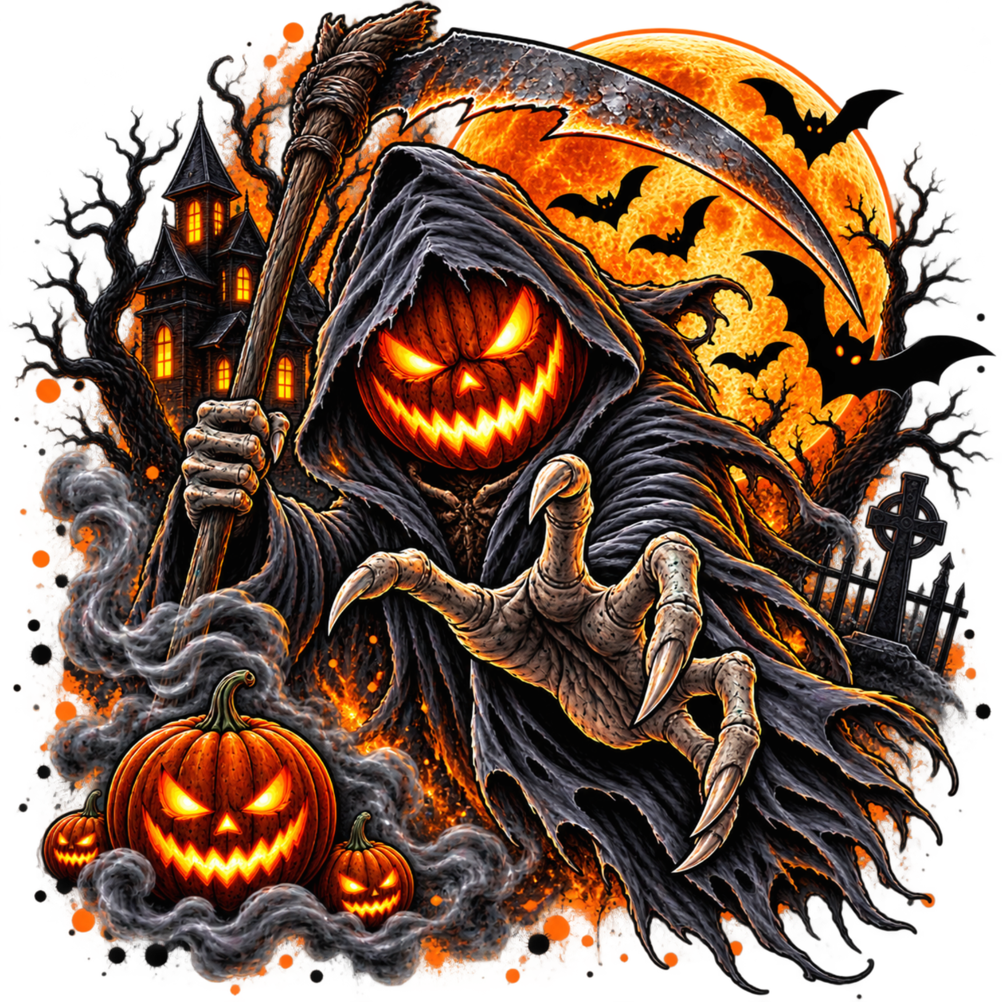 Halloween graphic illustration featuring a hooded grim reaper holding a scythe, with a carved jack-o'-lantern, skeletal hand, haunted house, bats, tombstone, and orange full moon on a black background.