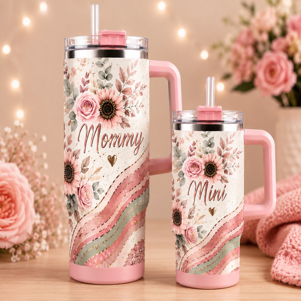 Two floral insulated tumblers with pink handles and straws, labeled 'Mommy' and 'Mini,' shown on a tabletop with soft pink flowers and warm string lights in the background.
