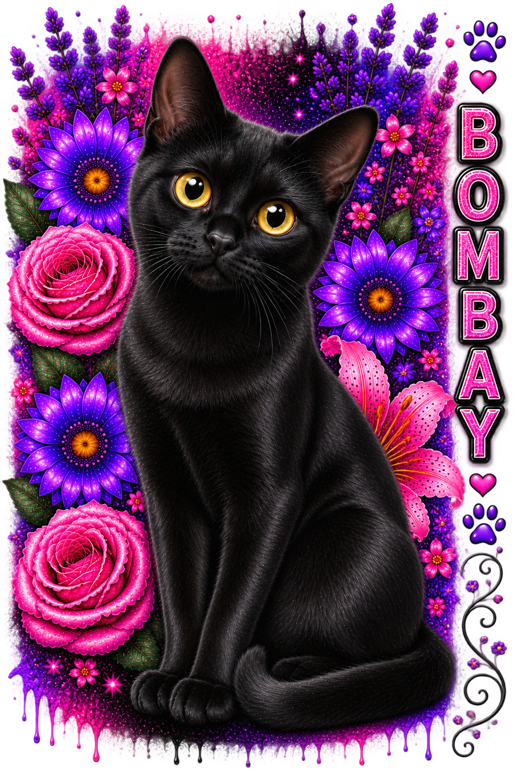A black cat with yellow eyes sitting in front of a colorful floral background with pink and purple flowers, plus the word 'BOMBAY' and paw prints on the right side.