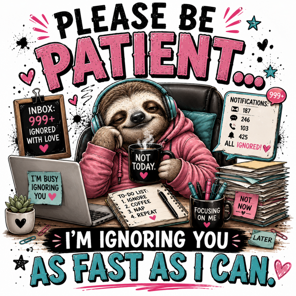 A whimsical illustrated sloth wearing pink headphones sits in a chair surrounded by desk items, with bold text reading 'PLEASE BE PATIENT.