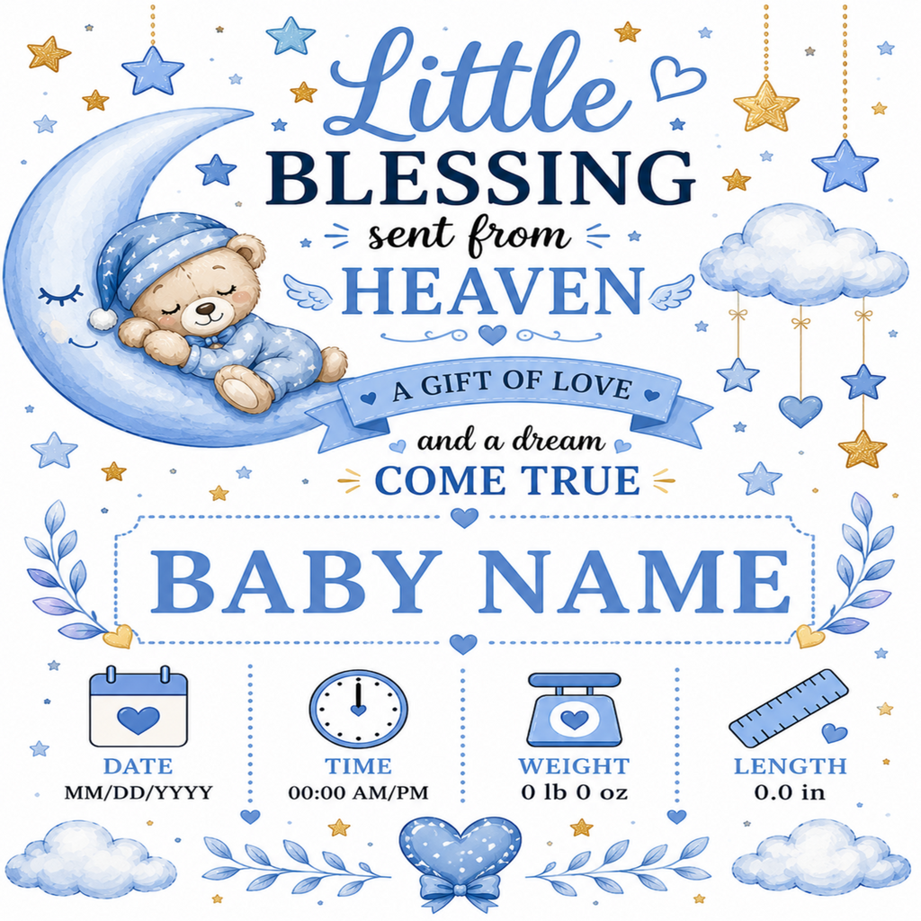 A baby shower blessing card or print with a blue and white watercolor theme. It features a teddy bear sleeping on a crescent moon, stars, clouds, and a blue ribbon banner that reads 'A GIFT OF LOVE and a dream COME TRUE'.