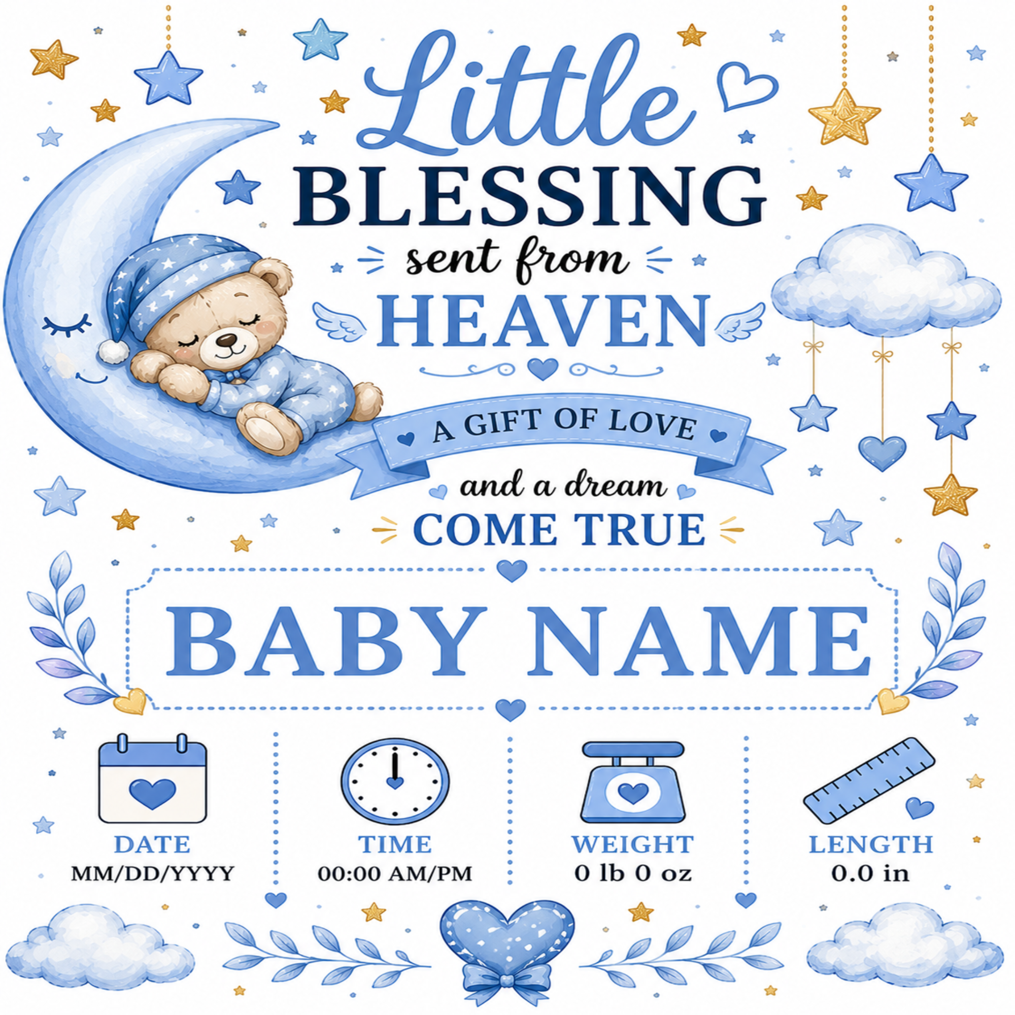 A baby shower blessing card or print with a blue and white watercolor theme. It features a teddy bear sleeping on a crescent moon, stars, clouds, and a blue ribbon banner that reads 'A GIFT OF LOVE and a dream COME TRUE'.