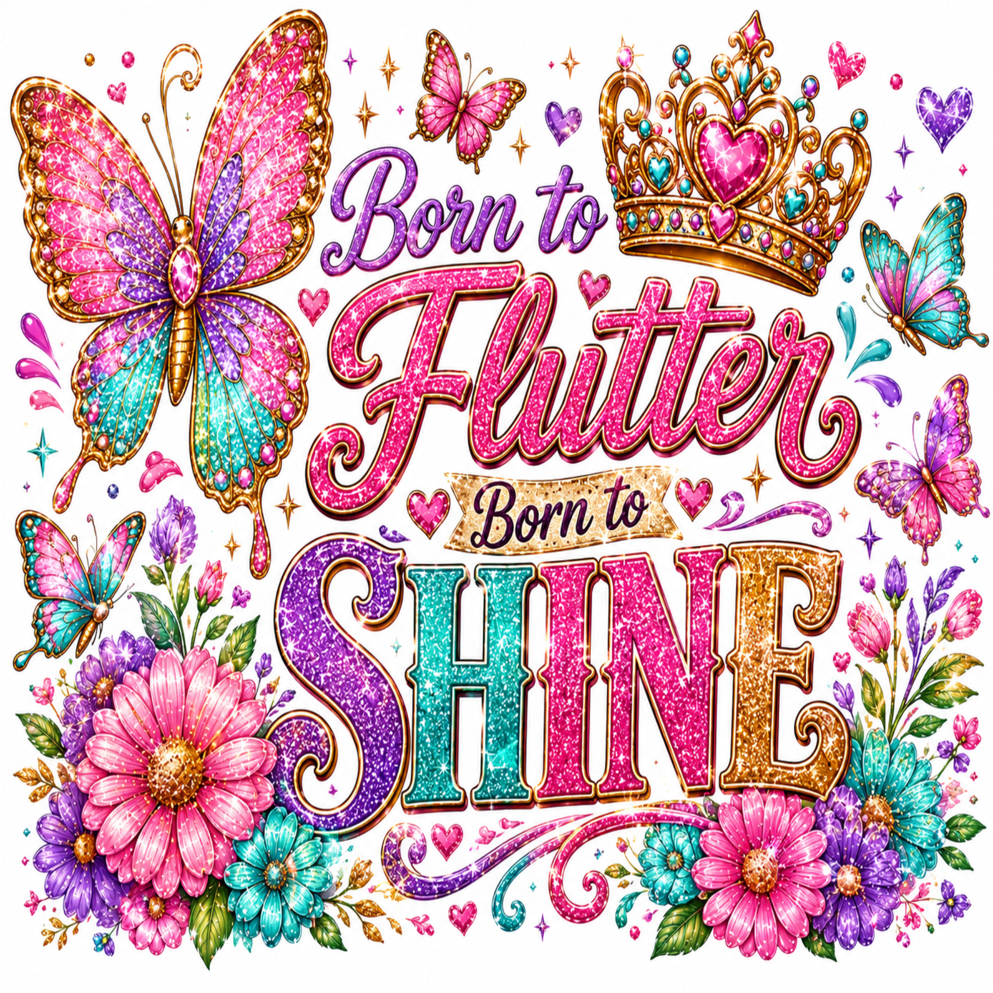 A colorful decorative graphic with glitter-style text reading 'Born to Flutter Born to SHINE,' surrounded by butterflies, flowers, hearts, and a crown on a white background.