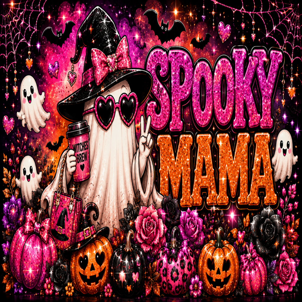 A festive Halloween-themed graphic with the words 'Spooky Mama' in glittery pink and orange lettering. A ghost character wearing a witch hat and heart-shaped sunglasses holds a cup that reads 'Witches Brew' while surrounded by pumpkins, roses, bats, ghosts, and spiderwebs on a dark pink background.