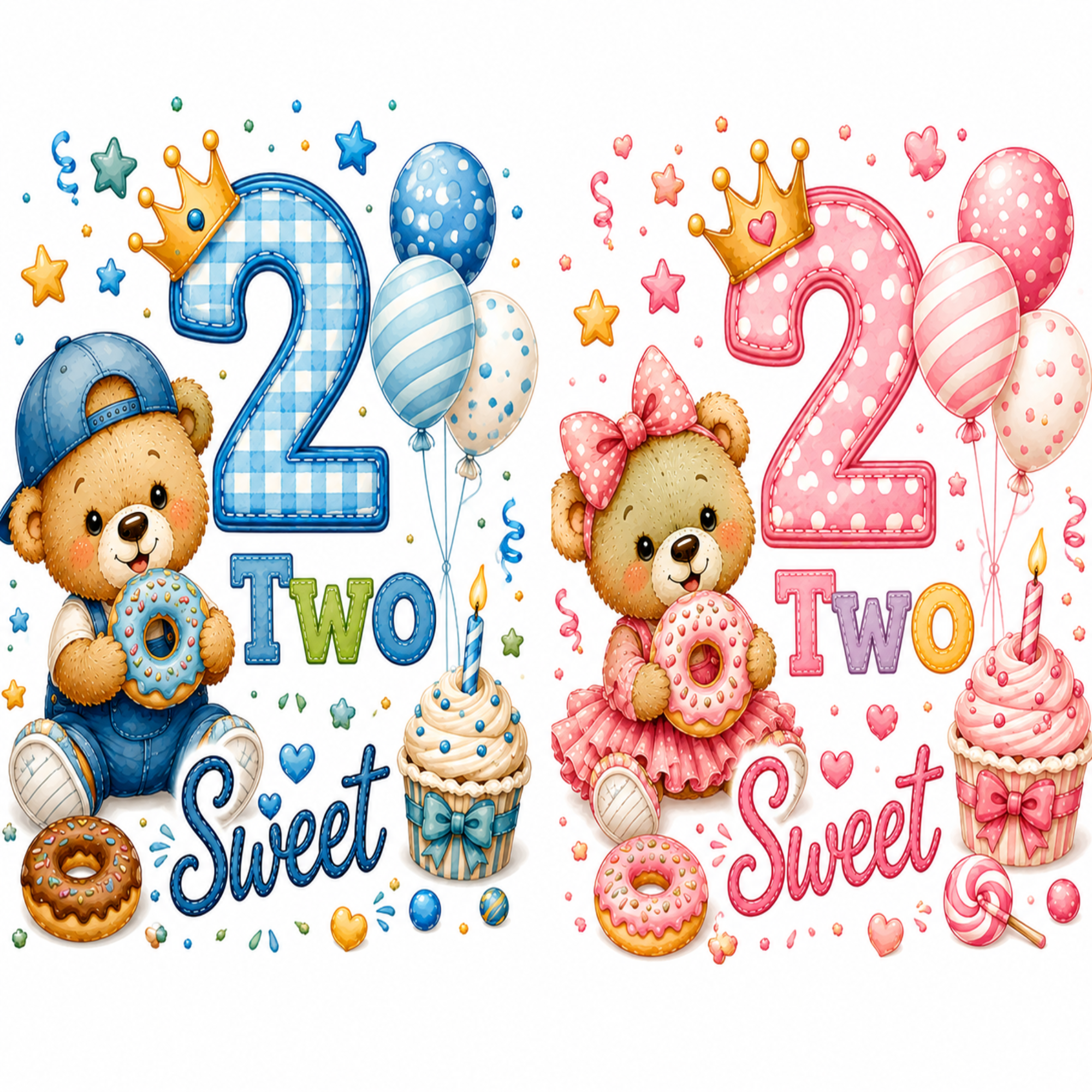 A digital graphic design featuring two cute cartoon baby bear illustrations for a two-year birthday. The left design is blue-themed with a boy bear wearing a blue cap, holding a donut, next to a blue number 2, balloons, and a blue cupcake.