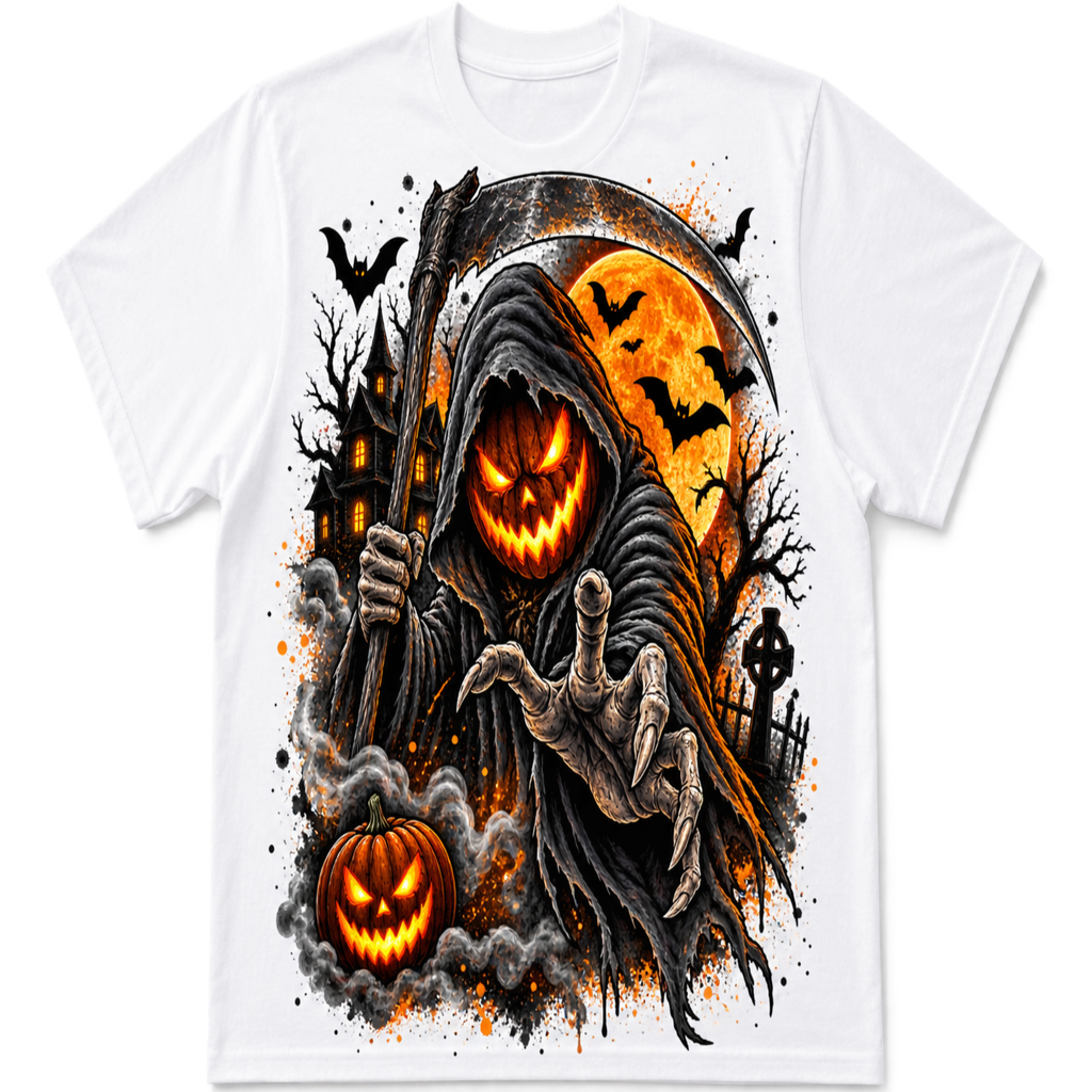 A white short-sleeve crewneck t-shirt featuring a large, detailed Halloween graphic print on the front. The graphic depicts a grim reaper with a glowing jack-o'-lantern face holding a scythe, accompanied by a second pumpkin, a haunted house, bats, and a full moon.