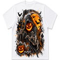 A white short-sleeve crewneck t-shirt featuring a large, detailed Halloween graphic print on the front. The graphic depicts a grim reaper with a glowing jack-o'-lantern face holding a scythe, accompanied by a second pumpkin, a haunted house, bats, and a full moon.