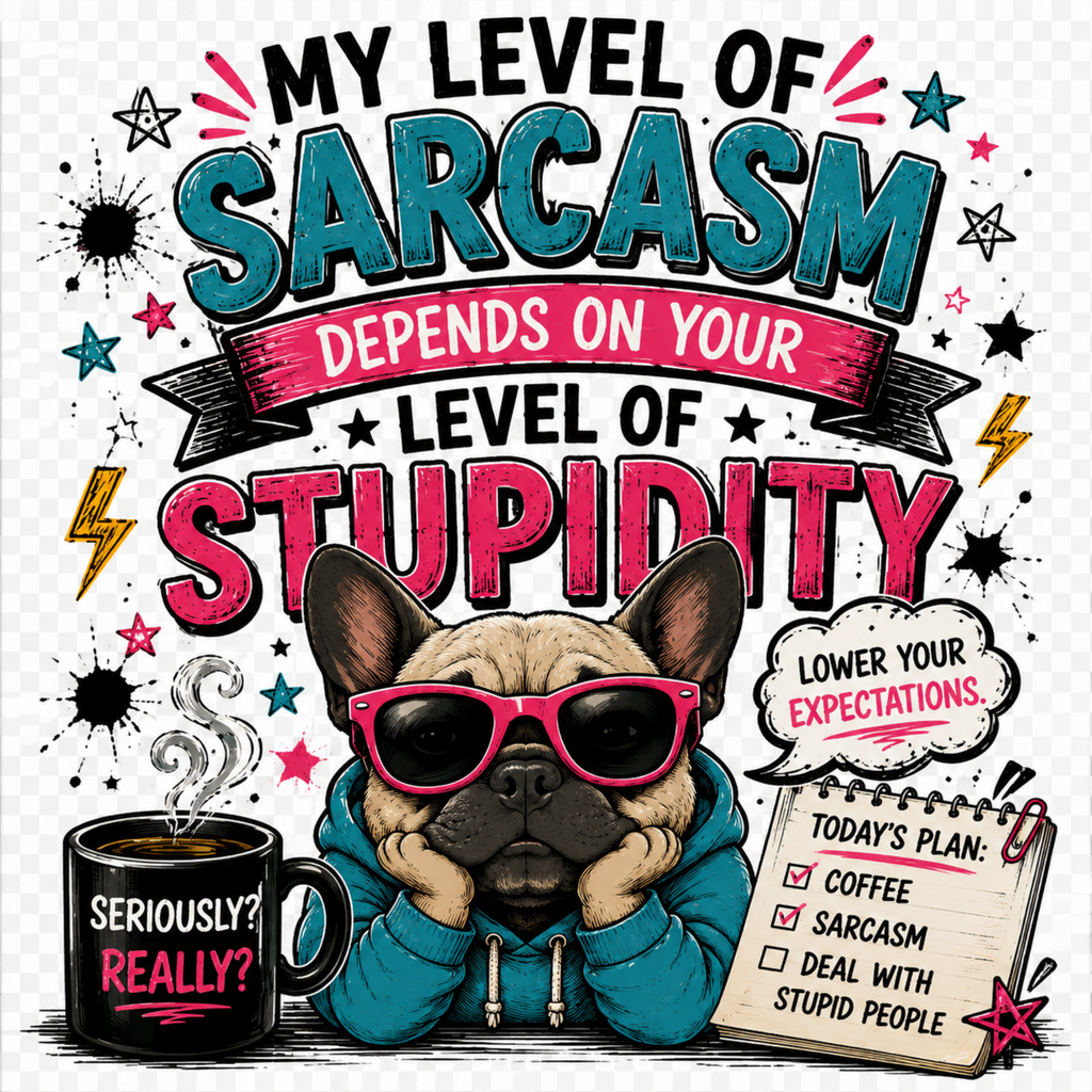 A graphic design featuring a French bulldog wearing pink sunglasses and a teal hoodie, surrounded by bold text that reads 'MY LEVEL OF SARCASM DEPENDS ON YOUR LEVEL OF STUPIDITY' and a coffee mug, on a transparent checkered background.