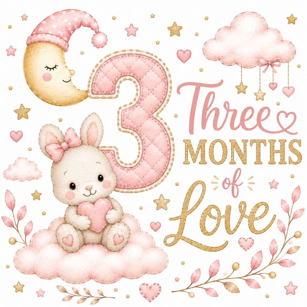 Watercolor-style baby milestone graphic celebrating '3 months of love' with a large quilted pink number 3, a sleeping bunny holding a pink heart on a cloud, a crescent moon in a pink hat, clouds, stars, and delicate floral accents on a white background.
