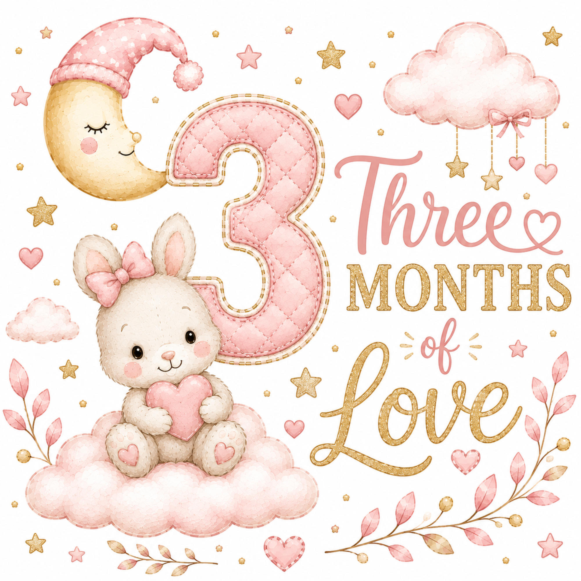 Watercolor-style baby milestone graphic celebrating '3 months of love' with a large quilted pink number 3, a sleeping bunny holding a pink heart on a cloud, a crescent moon in a pink hat, clouds, stars, and delicate floral accents on a white background.