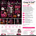 A promotional product listing graphic for a 'Creep It Cute' Halloween tumbler by Liss Print Studio. The layout features a large preview of the printed tumbler design on the left, showing a skeleton, jack-o'-lantern, and pink Halloween elements.