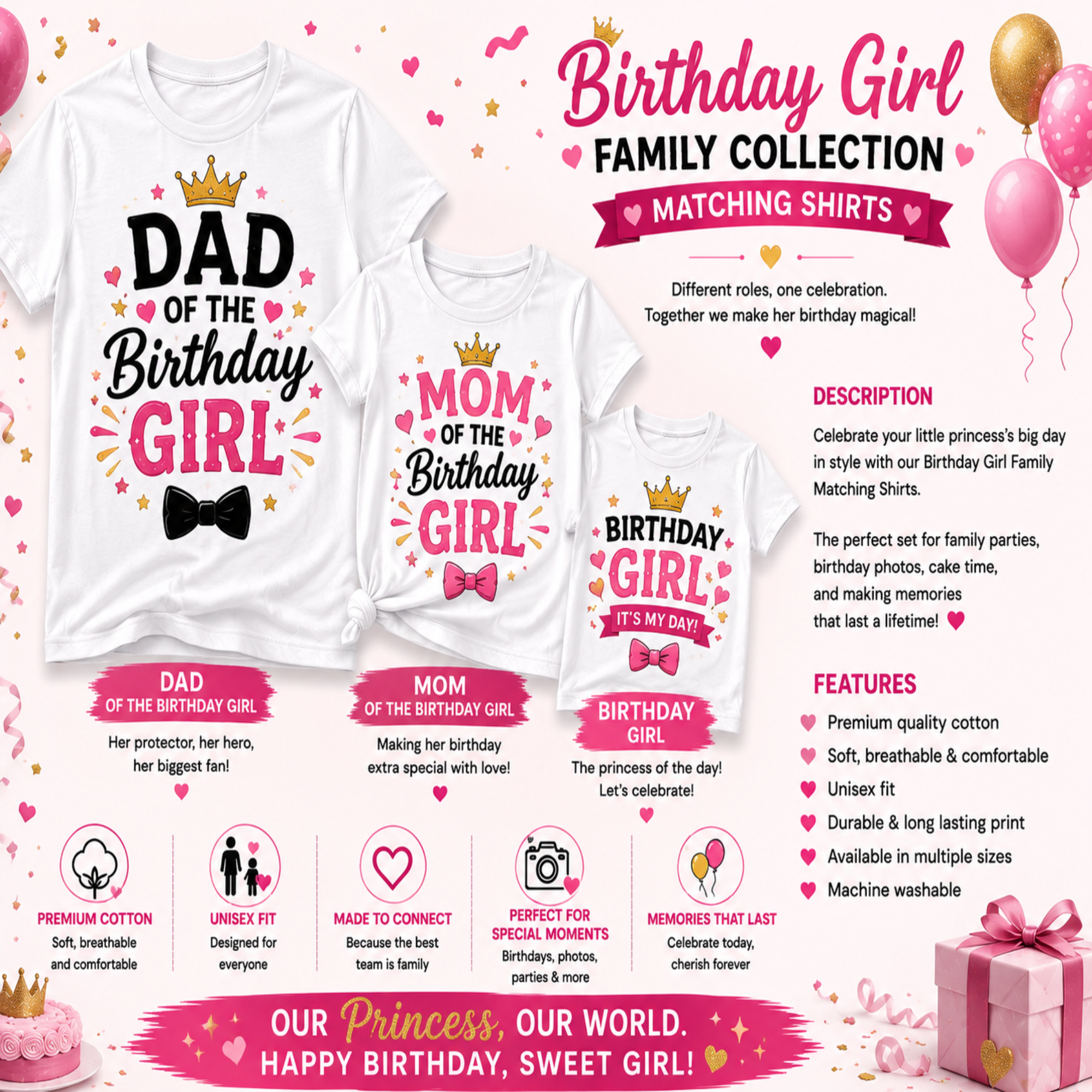 A promotional graphic for the 'Birthday Girl Family Collection' matching shirts by Our Princess, Our. The image displays three white t-shirts with custom printed designs for Dad, Mom, and the Birthday Girl, alongside product descriptions, features, and gift box illustrations on a pink and white background.
