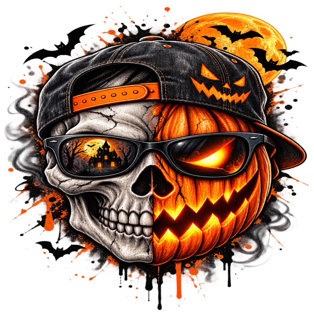 A Halloween-themed graphic design featuring a split skull and jack-o'-lantern pumpkin wearing a backward black cap with an orange strap and black sunglasses. The background includes a large orange full moon with bats, black bats, and paint splatter effects on a white background.