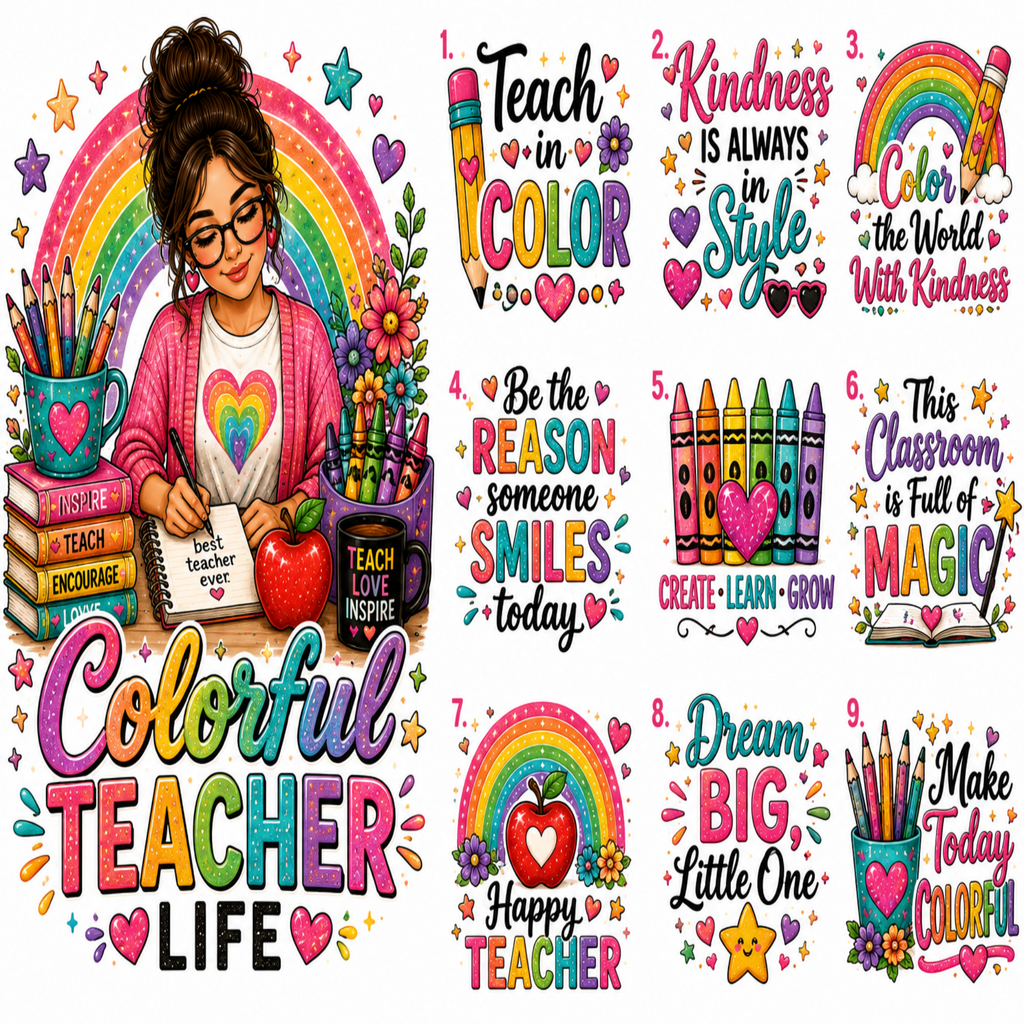 A collage of 12 colorful teacher-themed graphics and sayings, including rainbows, hearts, stars, pencils, apples, and motivational phrases such as 'Teach in Color,' 'Kindness is Always in Style,' and 'This Classroom is Full of Magic.'.
