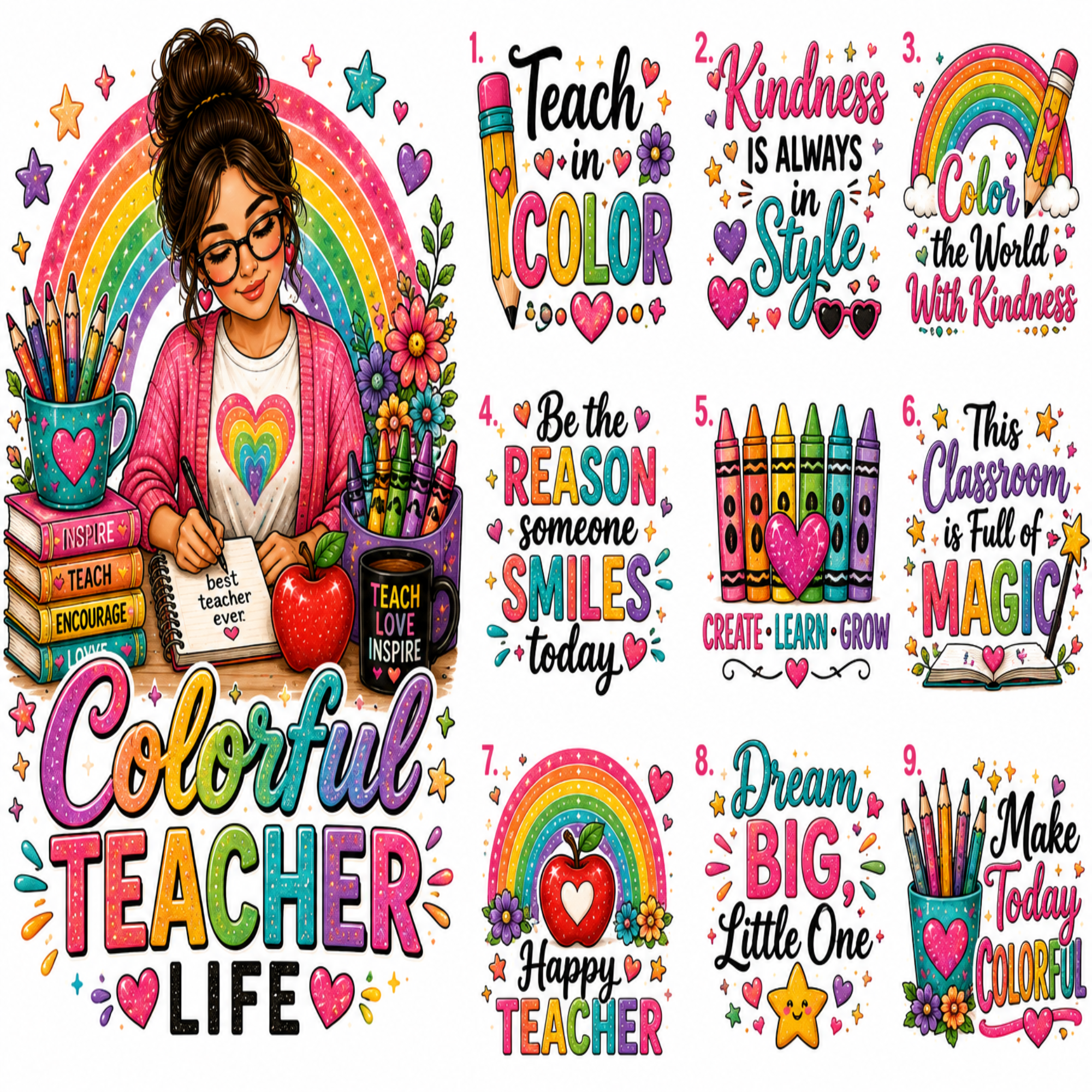 A collage of 12 colorful teacher-themed graphics and sayings, including rainbows, hearts, stars, pencils, apples, and motivational phrases such as 'Teach in Color,' 'Kindness is Always in Style,' and 'This Classroom is Full of Magic.'.