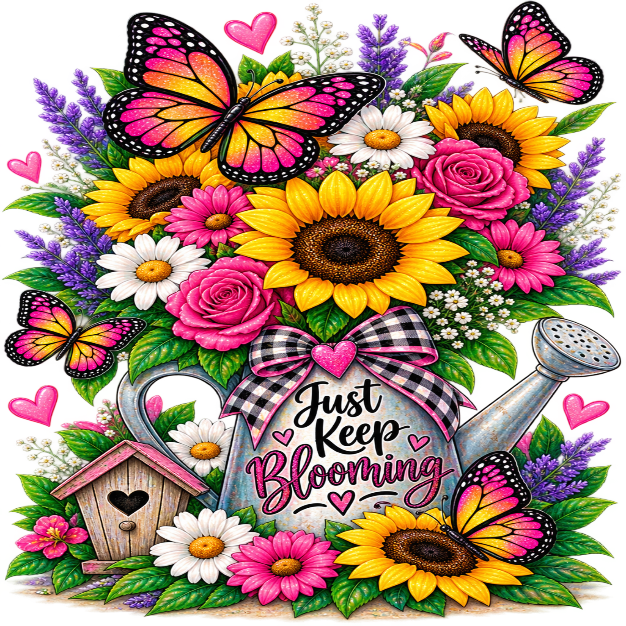 A colorful spring garden illustration featuring sunflowers, pink roses, purple lavender, butterflies, daisies, a watering can, a birdhouse, and the phrase 'Just Keep Blooming' in script.