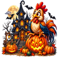 A stylized Halloween illustration featuring a large cartoon rooster with a red comb and blue tail standing on a carved jack-o'-lantern, with multiple pumpkins, a haunted house, bare trees, bats, and a full moon in the background.