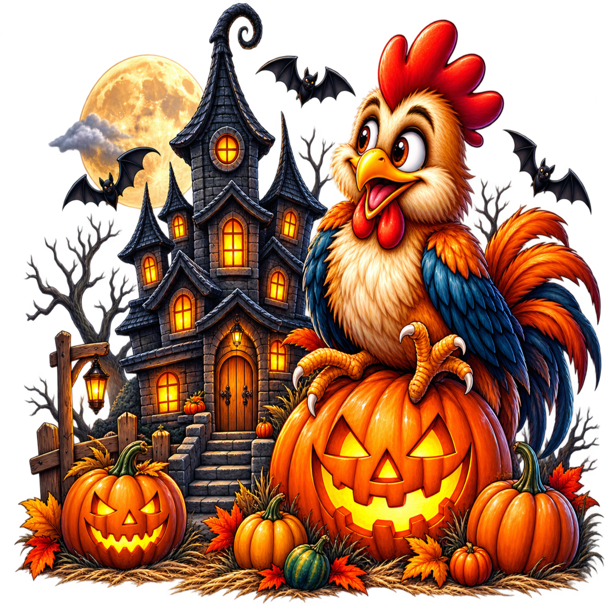 A stylized Halloween illustration featuring a large cartoon rooster with a red comb and blue tail standing on a carved jack-o'-lantern, with multiple pumpkins, a haunted house, bare trees, bats, and a full moon in the background.