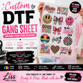 A custom DTF gang sheet being held by a person, showing various colorful graphic designs such as smiley faces, bows, and text like 'Mama NOPE' and 'Be kind'. The image includes promotional text overlays, dimensions, and a feature summary for DTF printing.