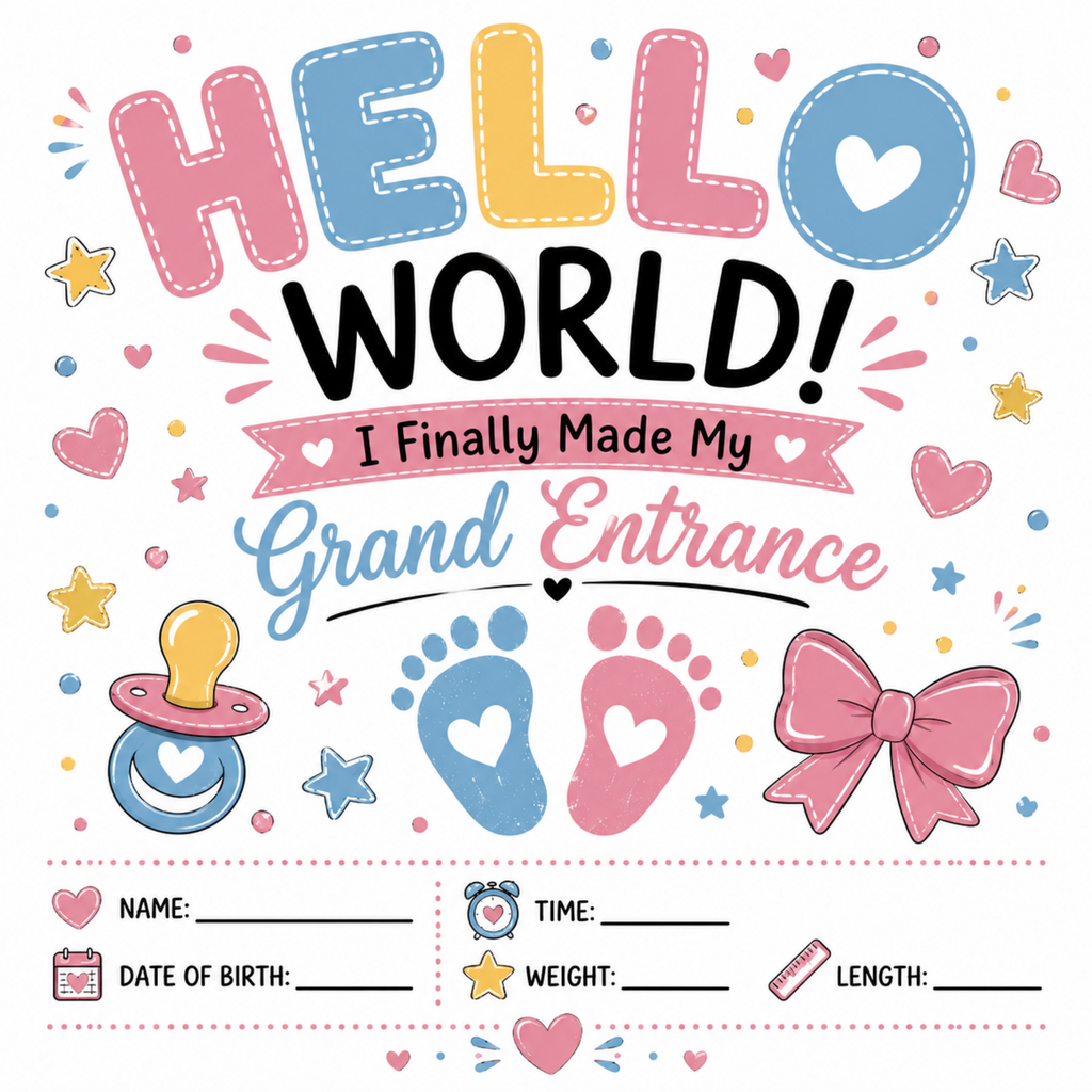 A colorful baby shower sign or card with the text 'HELLO WORLD! I Finally Made My Grand Entrance' in playful pink, blue, yellow, and black lettering. The design includes pink hearts, blue and pink baby footprints, a pink bow, a pacifier, and fields at the bottom for naming, date of birth, time, weight, and length.