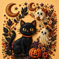 A festive Halloween-themed beaded artwork featuring a black cat, two cream ghosts, a carved pumpkin, crescent moons, stars, and leafy vines arranged on a warm tan background.