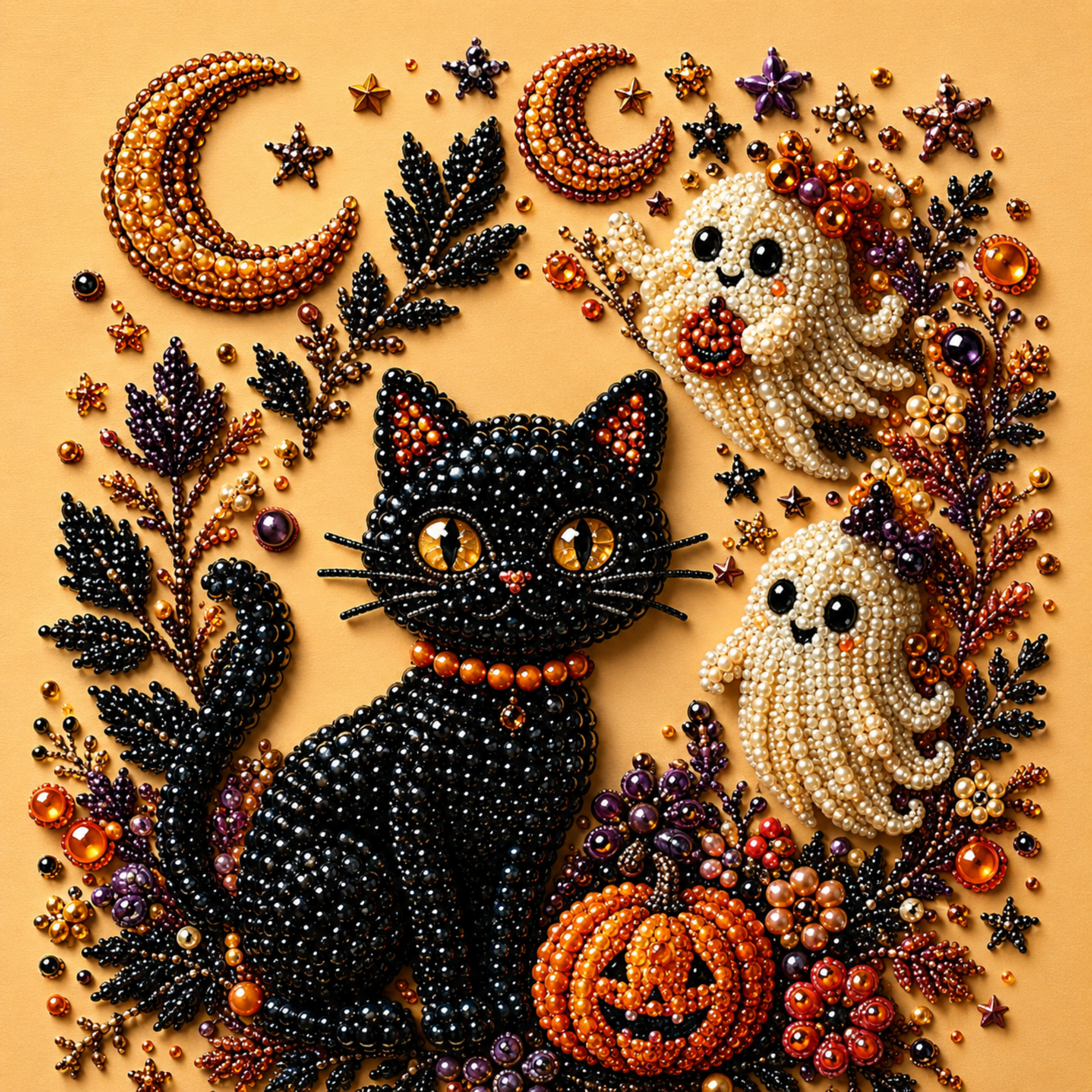 A festive Halloween-themed beaded artwork featuring a black cat, two cream ghosts, a carved pumpkin, crescent moons, stars, and leafy vines arranged on a warm tan background.