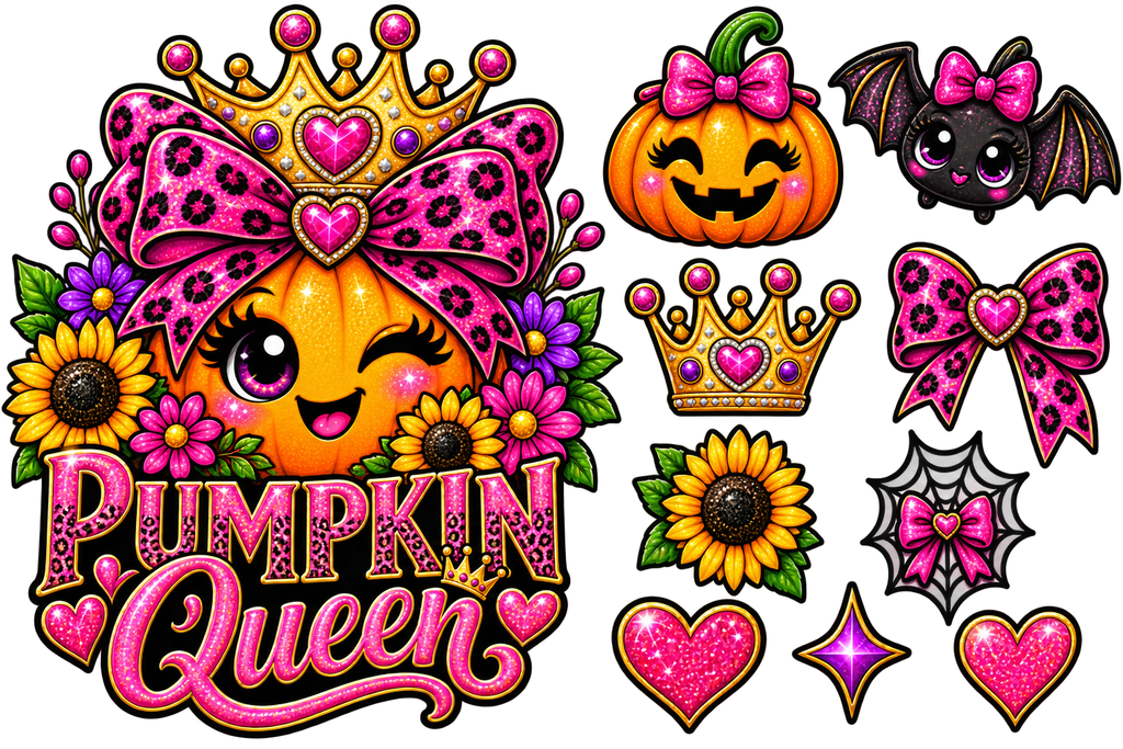A Halloween-themed graphic design sheet featuring a winking orange pumpkin character wearing a large pink bow and crown, surrounded by sunflowers and purple flowers. The text reads 'Pumpkin Queen' in pink glitter lettering.