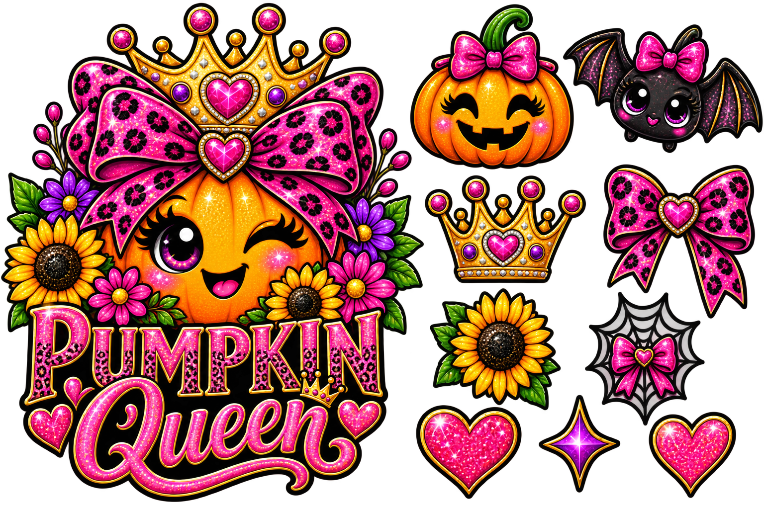 A Halloween-themed graphic design sheet featuring a winking orange pumpkin character wearing a large pink bow and crown, surrounded by sunflowers and purple flowers. The text reads 'Pumpkin Queen' in pink glitter lettering.