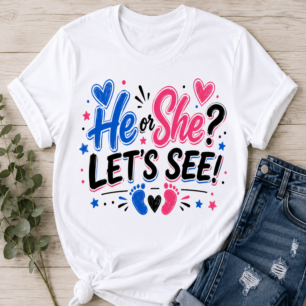 White graphic T-shirt laid flat on a light wood surface with a knot at the bottom, styled with blue jeans and a small green sprig. The shirt reads “He or She? LET’S SEE!” in blue and pink lettering with hearts, stars, and baby footprints.