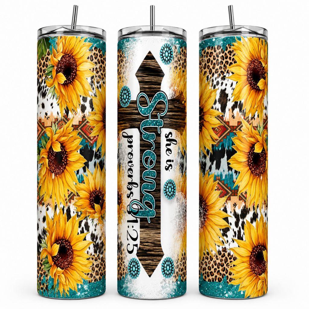 Three views of a skinny tumbler with a wrap-around design featuring yellow sunflowers, leopard print, teal accents, and a central wooden-style panel with the text 'She is precious to me' and '4:15'.