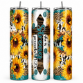 Three views of a skinny tumbler with a wrap-around design featuring yellow sunflowers, leopard print, teal accents, and a central wooden-style panel with the text 'She is precious to me' and '4:15'.
