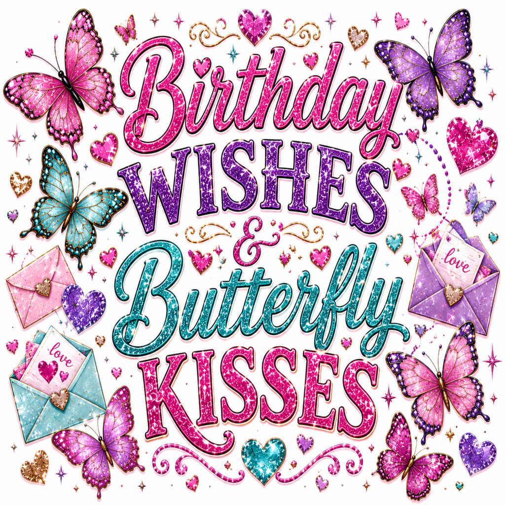 A colorful graphic design with the phrase 'Birthday Wishes & Butterfly Kisses' in glitter-style lettering, surrounded by pink and purple butterflies, hearts, stars, and small envelopes on a white background.