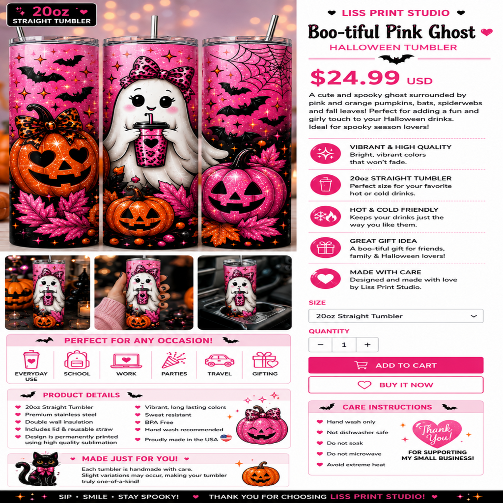 A promotional product listing graphic for a pink Boo-tiful Ghost Halloween tumbler from Liss Print Studio. The design shows a tall pink tumbler with a ghost and pumpkin illustration, multiple smaller mockups of the decorated tumblers, pricing at $24.