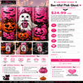 A promotional product listing graphic for a pink Boo-tiful Ghost Halloween tumbler from Liss Print Studio. The design shows a tall pink tumbler with a ghost and pumpkin illustration, multiple smaller mockups of the decorated tumblers, pricing at $24.