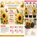 A promotional collage for a custom printed tumbler featuring a sunflower and butterfly design. The layout includes a large decorative graphic with sunflowers, butterflies, and the phrase 'Stay POSITIVE Work HARD Make it HAPPEN,' plus three smaller product photos of matching tumblers and a speaker tumbler mockup.